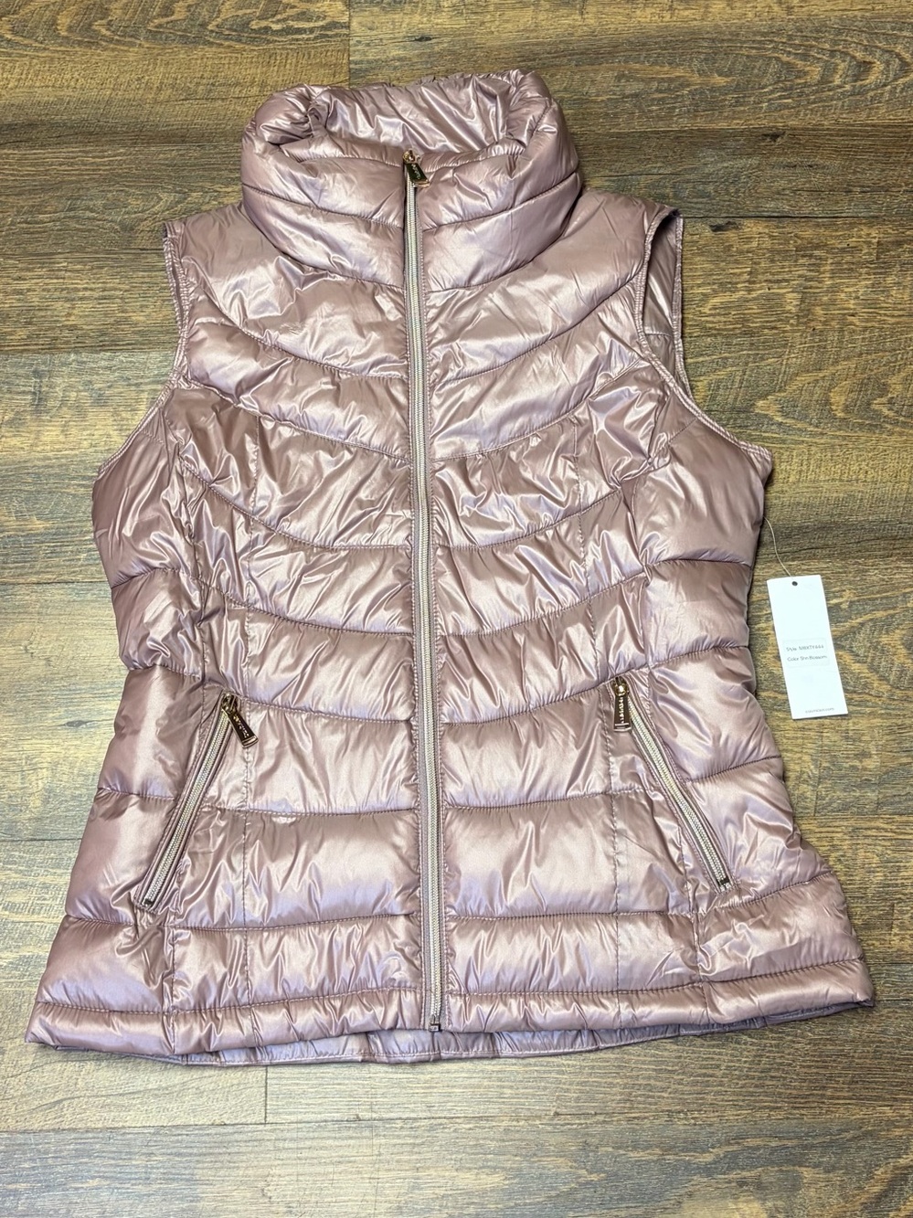 Calvin Klein Puffer Vest Womens Medium Pink Shiny Quilted Full Zip New